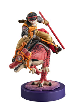 Front view of Son Goku riding a red dinosaur from Dragon Ball Z, featuring a purple display base.