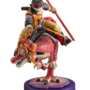 Front view of Son Goku riding a red dinosaur from Dragon Ball Z, featuring a purple display base.