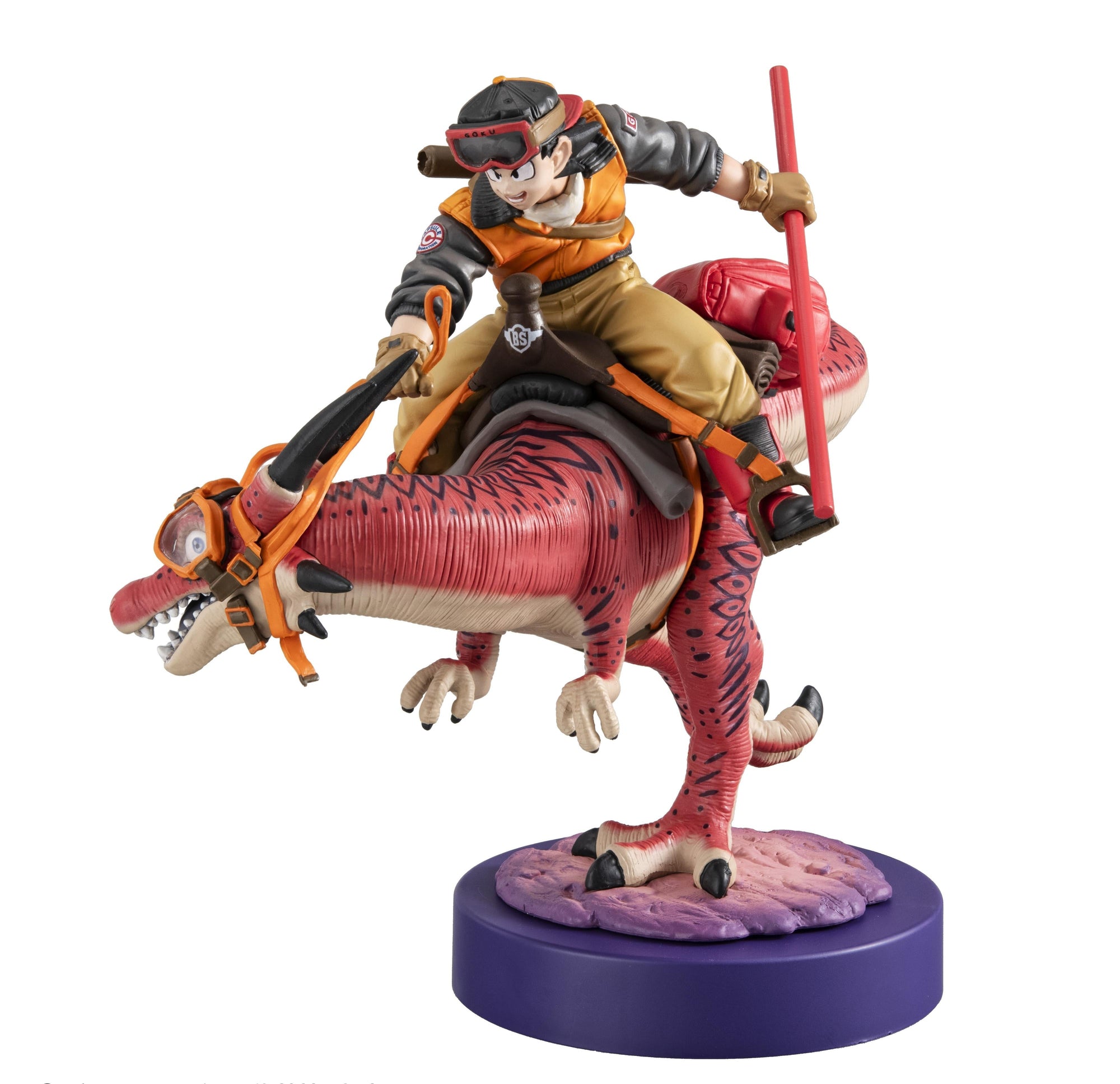 Right side view of Goku holding his Power Pole while mounted on a red bipedal dinosaur.