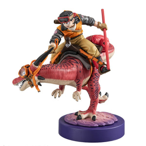 Right side view of Goku holding his Power Pole while mounted on a red bipedal dinosaur.