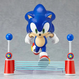Nendoroid Sonic the Hedgehog figure posed running over the halfway point marker accessory.
