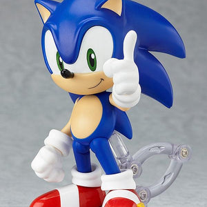 Nendoroid Sonic the Hedgehog figure posed standing and giving a thumbs up gesture, featuring his classic red shoes.