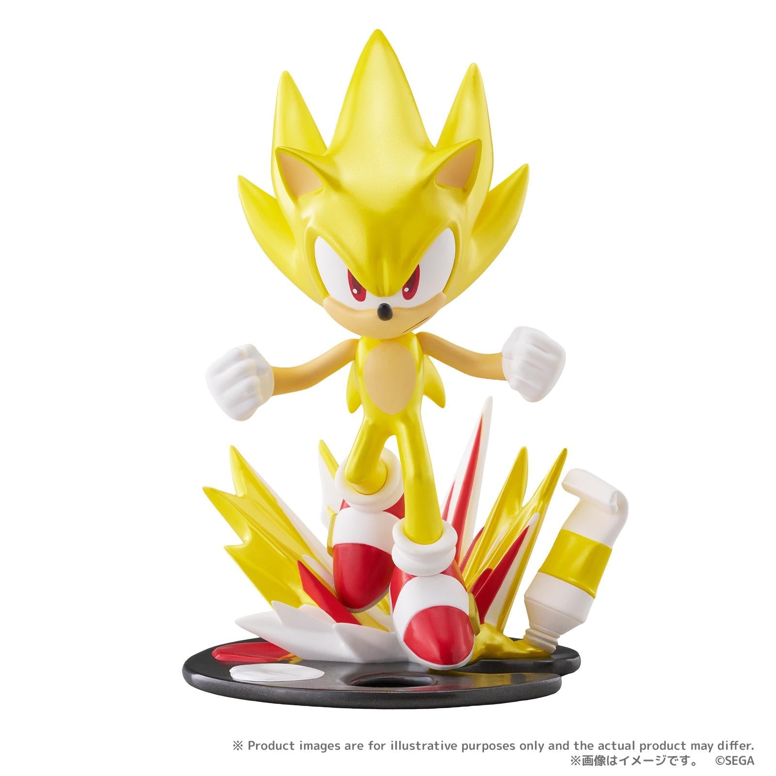 Front studio view of the Sonic the Hedgehog PalVerse Pale Super Sonic figure by Bushiroad Creative on a white background, featuring a paint palette display base.