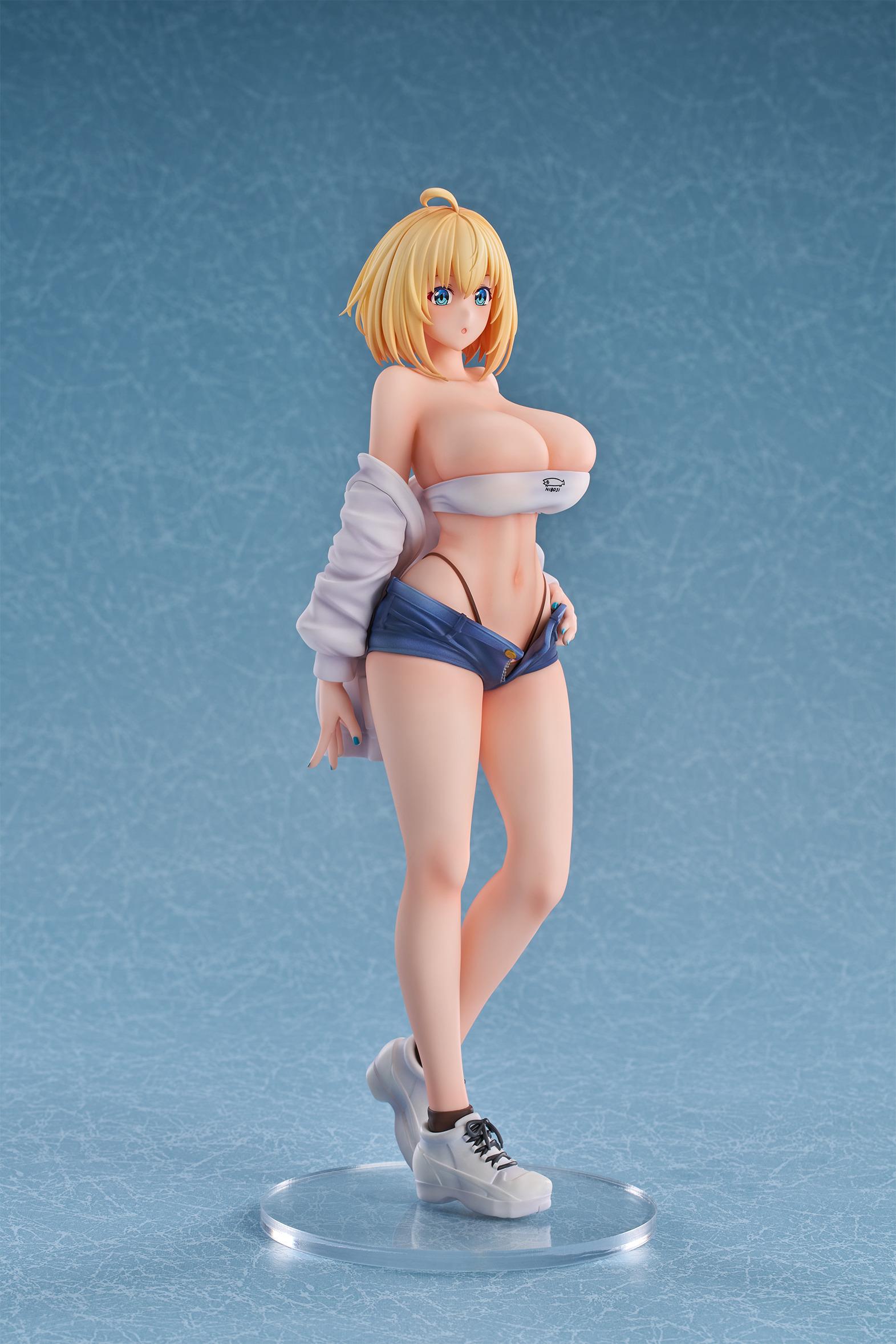 Side profile view of the Sophia F. Shirring 1/6 scale figure wearing a white tube top and denim shorts.
