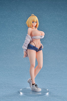 Side profile view of the Sophia F. Shirring 1/6 scale figure wearing a white tube top and denim shorts.