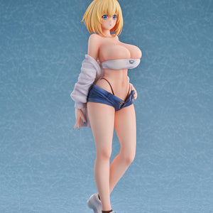 Side profile view of the Sophia F. Shirring 1/6 scale figure wearing a white tube top and denim shorts.