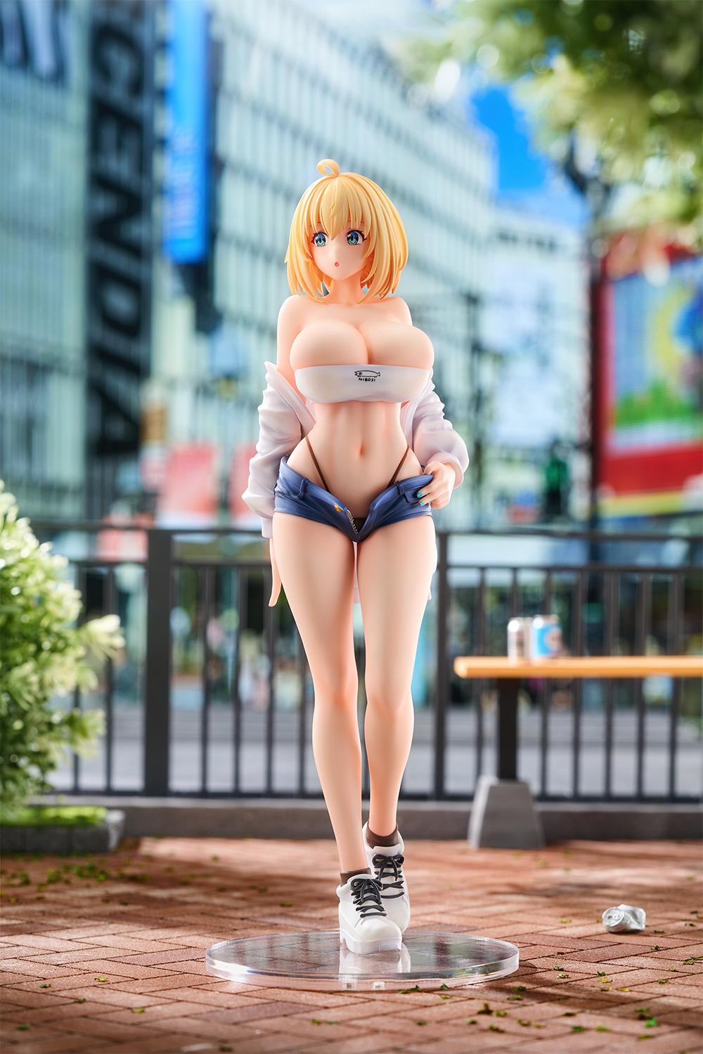 Full-length front view of the Sophia F. Shirring figure in a realistic urban city environment.