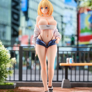 Full-length front view of the Sophia F. Shirring figure in a realistic urban city environment.