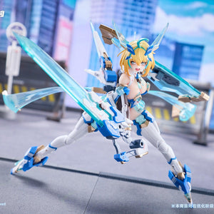 Wide dynamic combat stance of Sophia F. Shirring holding blade weapon set against city street diorama background.