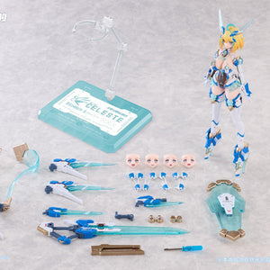 Complete accessories display showing Sophia F. Shirring figure, interchangeable face plates, hands, weapons, Photon Shield, and base.