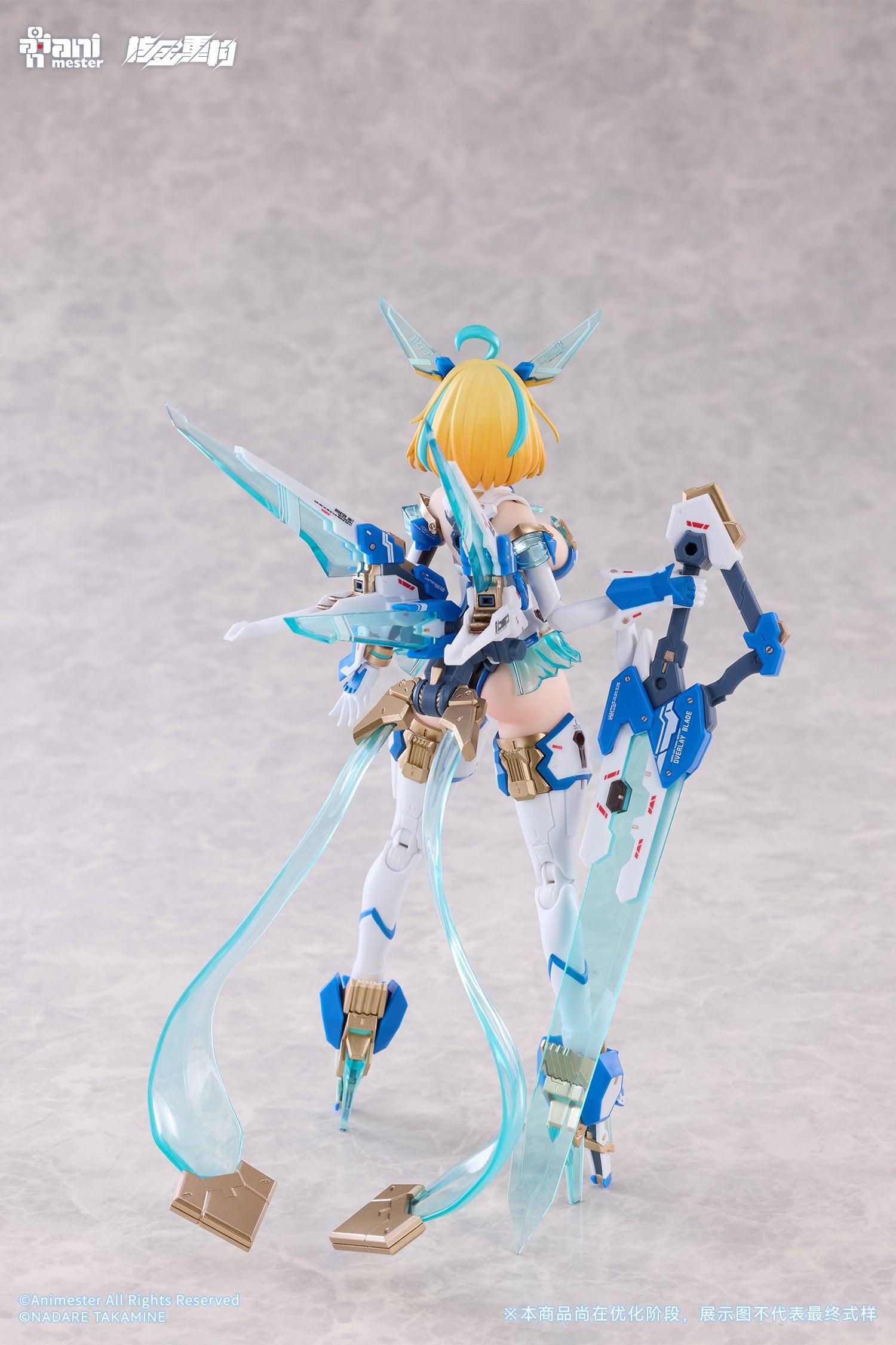 Rear view of Sophia F. Shirring figure highlighting equipped flight unit, translucent auxiliary wings, and blade mount.