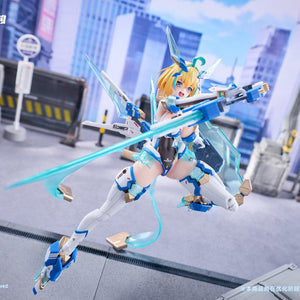 Forward charging action pose of Sophia F. Shirring action figure in futuristic urban street backdrop.