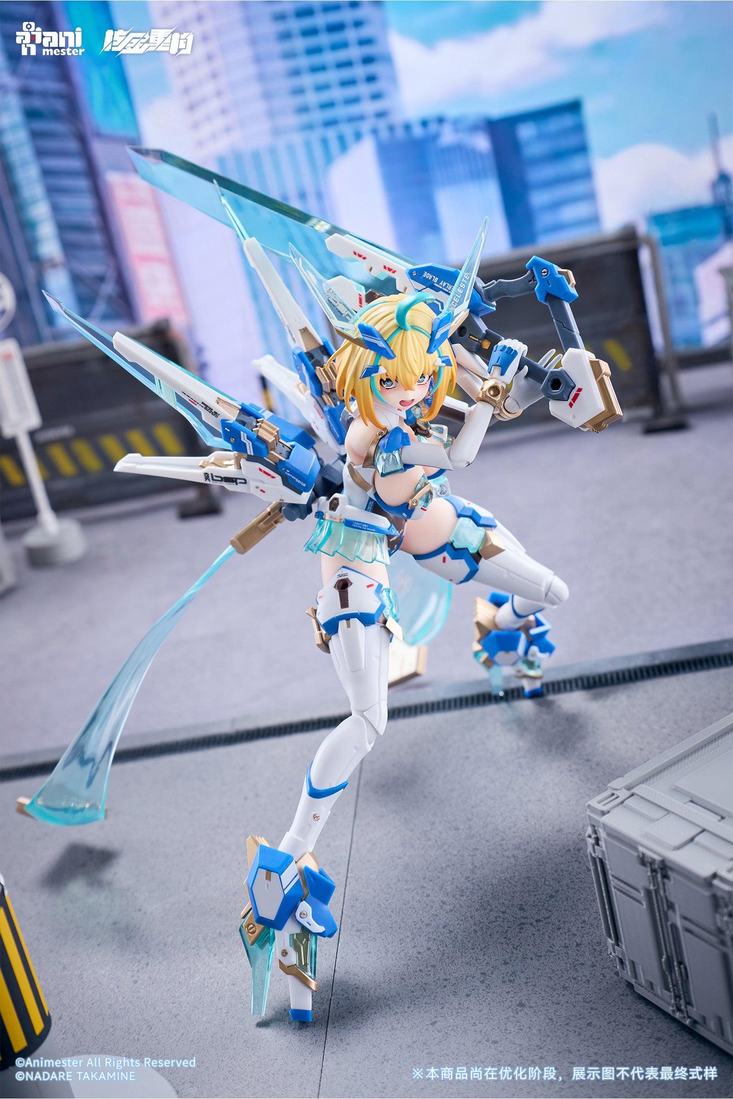 Low-angle action pose of Sophia F. Shirring action figure executing a sword slash with Overplay Blade.