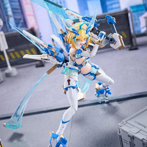 Low-angle action pose of Sophia F. Shirring action figure executing a sword slash with Overplay Blade.