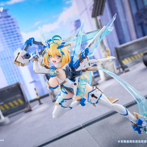 Dynamic mid-air diving pose of Sophia F. Shirring holding Overplay Blade overhead in city diorama setting.