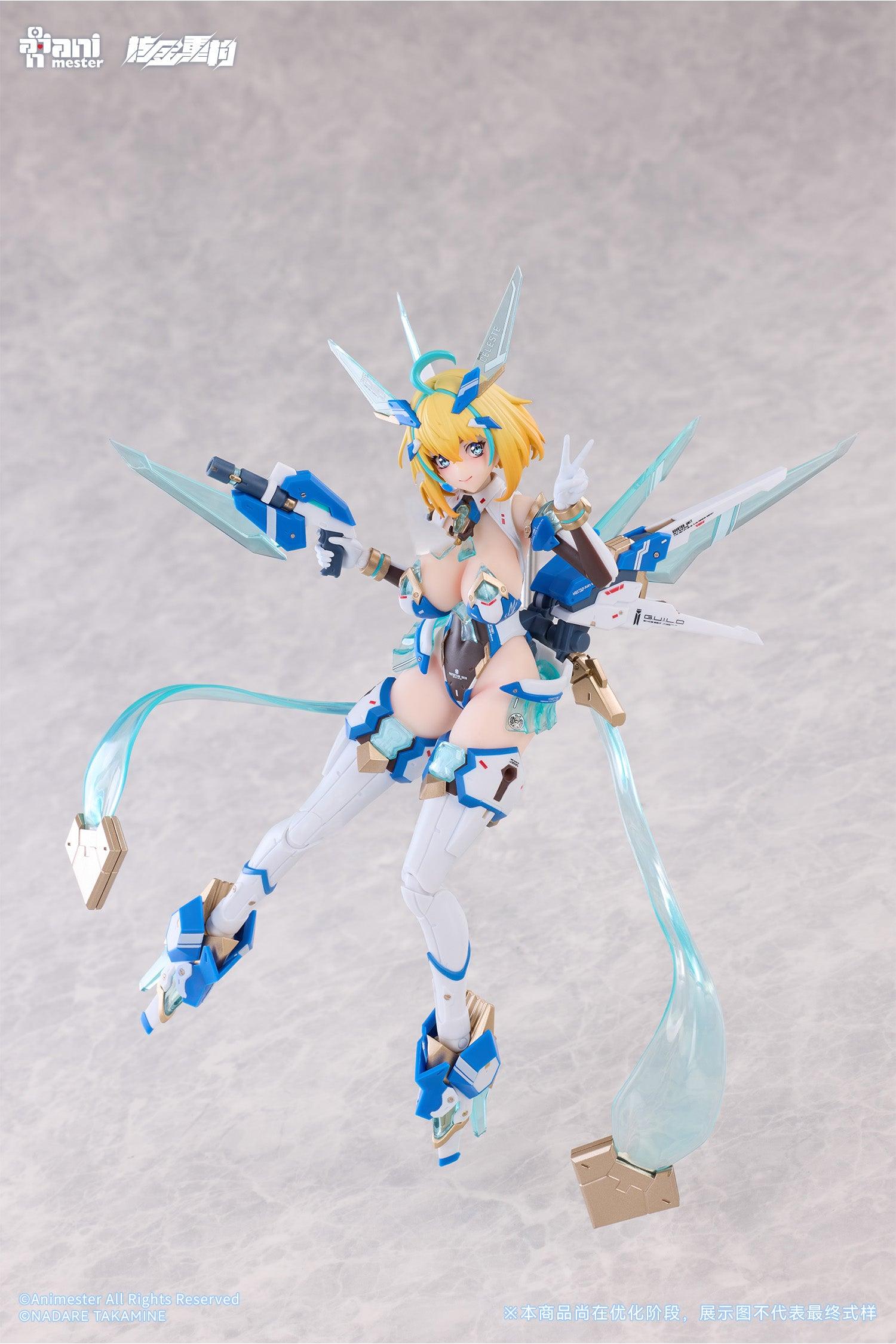 Mid-air floating pose of Sophia F. Shirring figure giving a V-sign with flight armor attached.