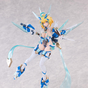 Mid-air floating pose of Sophia F. Shirring figure giving a V-sign with flight armor attached.