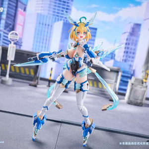 Front combat stance of Sophia F. Shirring figure aiming Photon Handgun weapon with surprising expression.