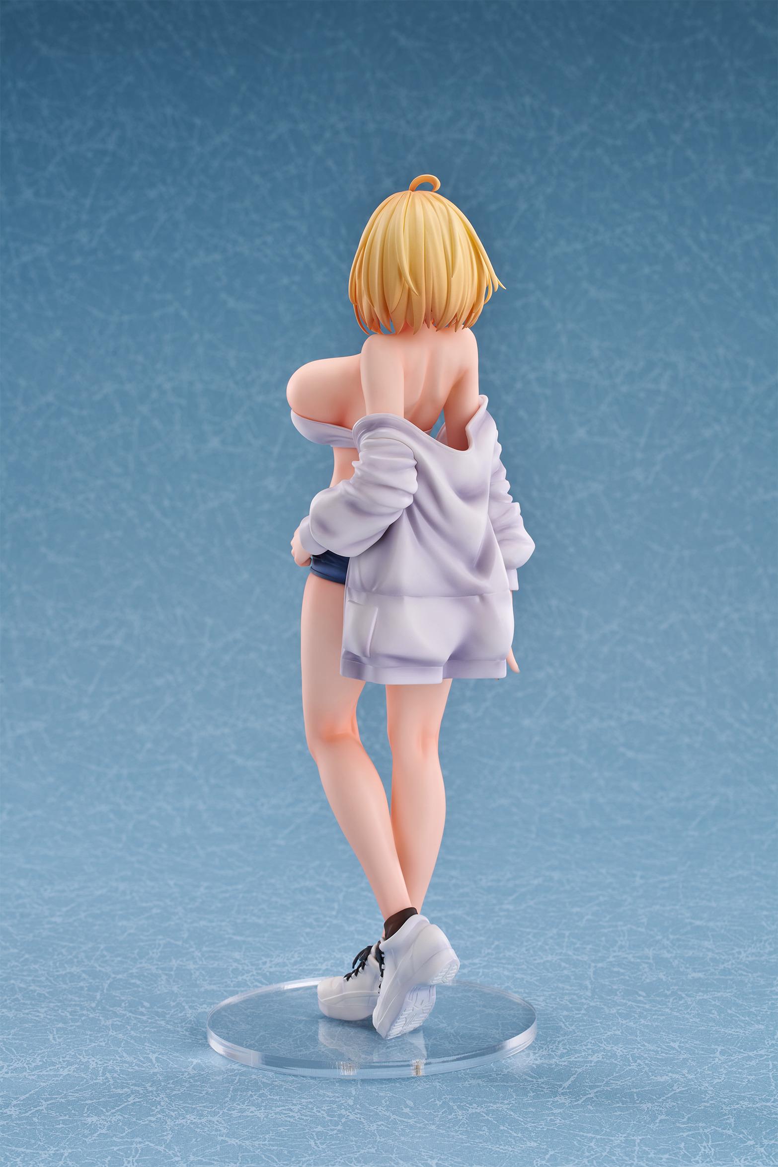 Rear view of the Sophia F. Shirring figure showcasing the sculpt of the white sweatshirt draped over her shoulders.