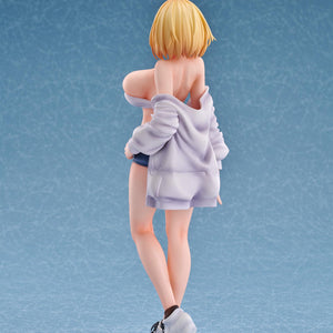 Rear view of the Sophia F. Shirring figure showcasing the sculpt of the white sweatshirt draped over her shoulders.