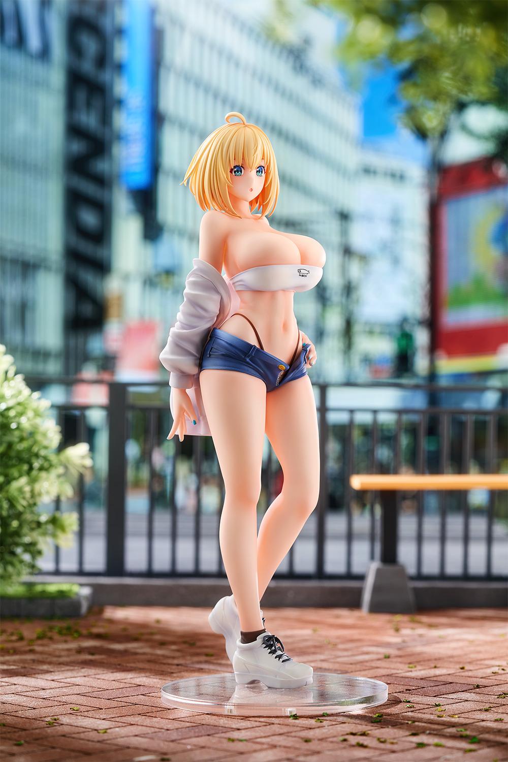 The Sophia F. Shirring figure posed in a blurred outdoor city street background for lifestyle showcase.