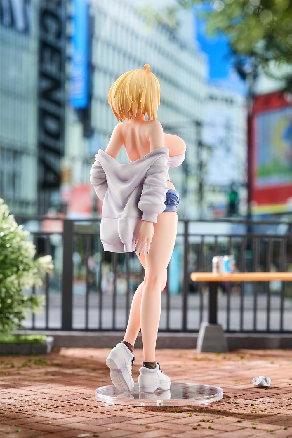 Three-quarter rear view of the Sophia F. Shirring figure showing the pose and outfit in natural lighting.