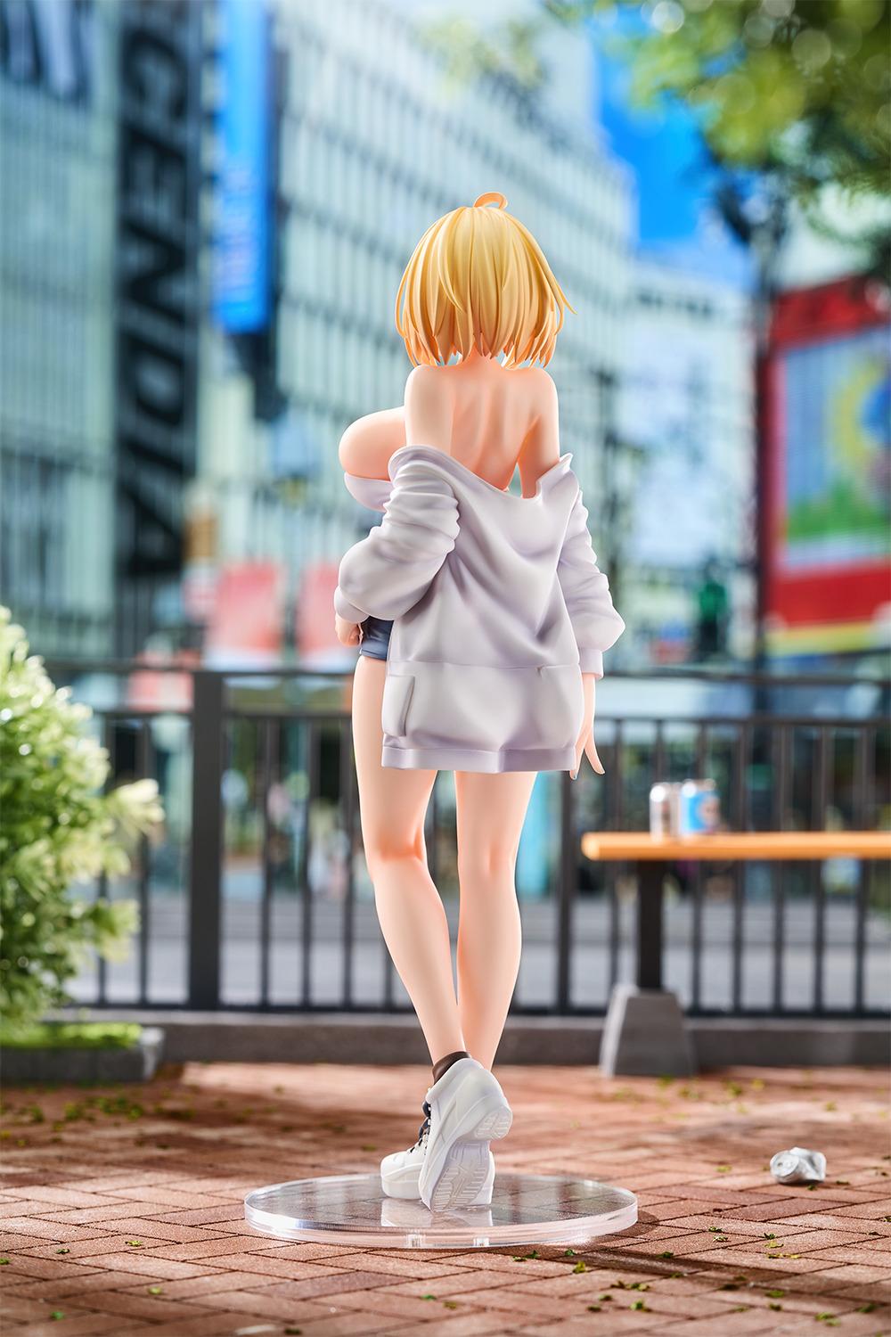 Back view of the Sophia F. Shirring scale figure captured in an outdoor city park setting.
