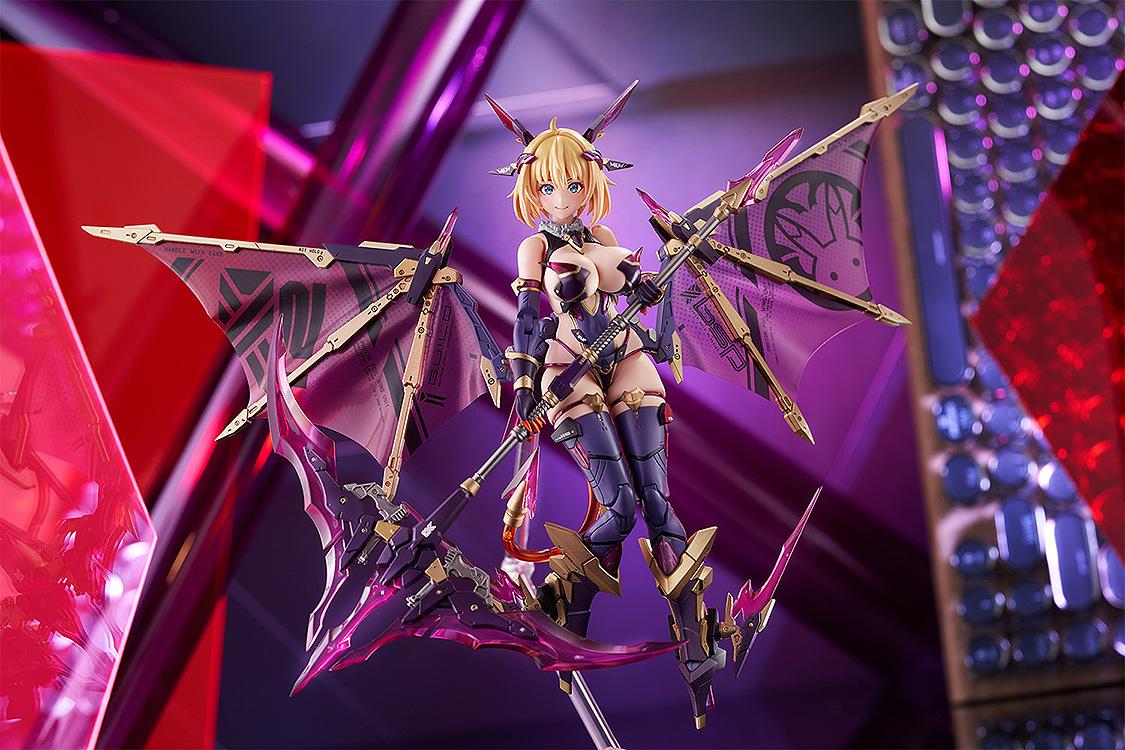 Close-up of the Sophia F. Shirring Vampire figure holding her purple glowing scythe, with the mechanical wings flared, set against a dark purple and pink abstract background.