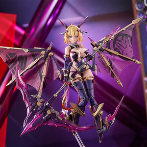 Close-up of the Sophia F. Shirring Vampire figure holding her purple glowing scythe, with the mechanical wings flared, set against a dark purple and pink abstract background.