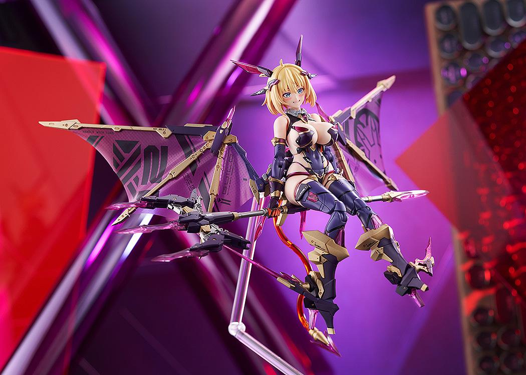 An action shot of the Sophia F. Shirring Vampire Ver. figure riding the large mechanical scythe, displayed on a clear posing stand.