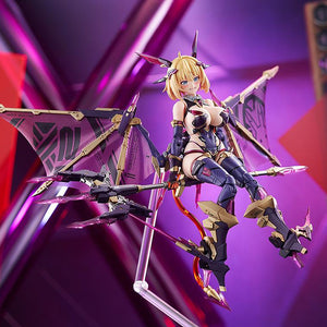 An action shot of the Sophia F. Shirring Vampire Ver. figure riding the large mechanical scythe, displayed on a clear posing stand.
