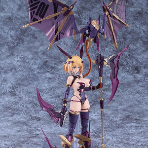 Full-body standing shot of the figure showing the complete equipment loadout, including wings, scythe, and drone parts, against a textured grey background.