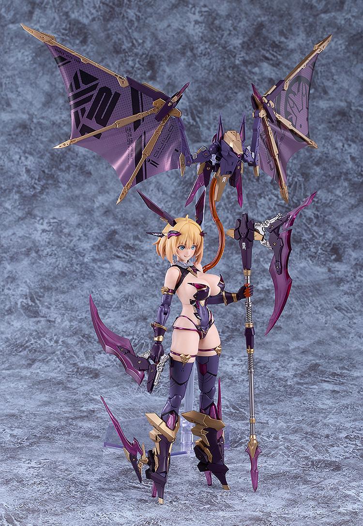 Full-body standing shot of the figure showing the complete equipment loadout, including wings, scythe, and drone parts, against a textured grey background.