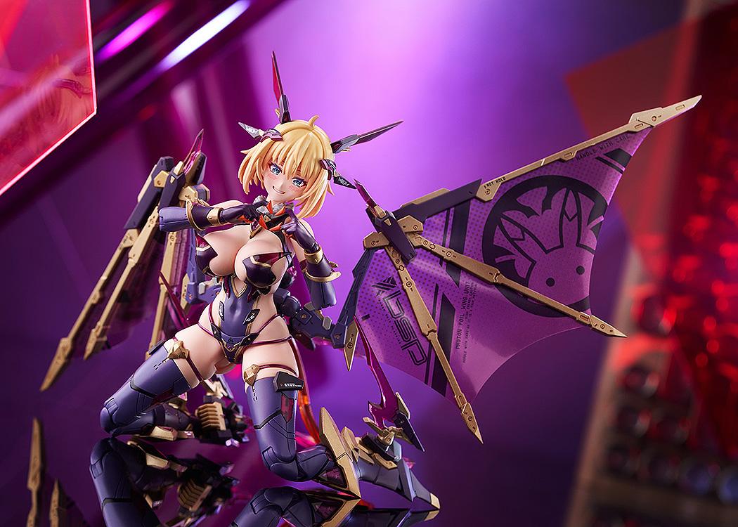 Low-angle shot focusing on the Sophia figureÕs back with the intricate flight unit and mechanical wings partially deployed against a purple lit background.