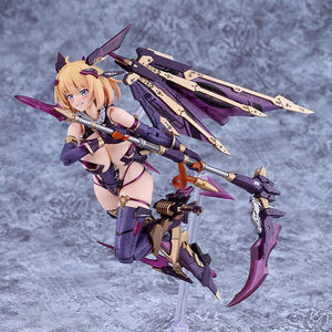 Posed flying shot of the Sophia figure wielding the large purple mechanical scythe, supported by a clear stand against a textured grey background.