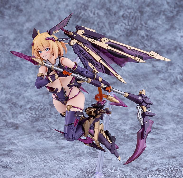 Posed flying shot of the Sophia figure wielding the large purple mechanical scythe, supported by a clear stand against a textured grey background.