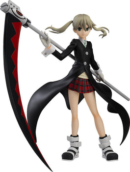 Front view of the Maka Albarn Pop Up Parade figure holding her large black and red scythe.