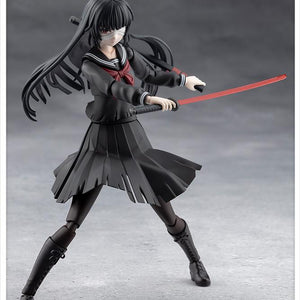 Crouching combat pose of the raven-black Kuon Yakushiji figure wielding a drawn metallic red Japanese sword with both hands.
