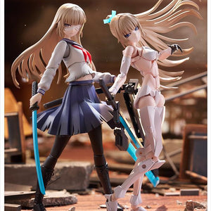 Side-by-side display of the school uniform version and white bodysuit version of the Kuon Yakushiji 1/10 scale model kit.