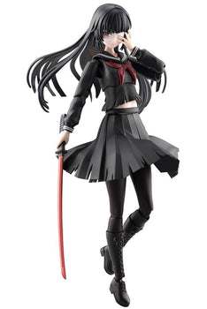 Front showcase of the 1/10 scale Kuon Yakushiji model kit in her raven-black battle-damaged school uniform holding a red-bladed Japanese sword.