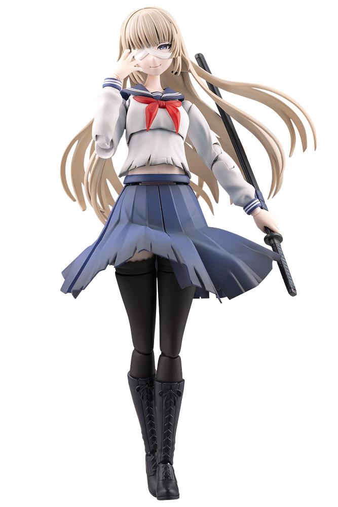 Front view of the assembled Sousai Shojo Teien Kuon Yakushiji 1/10 scale model kit in school uniform holding a sheathed Japanese sword.