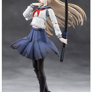 Studio photograph of the Kuon Yakushiji model kit dressed in the blue Touou High School uniform, holding a sheathed katana.