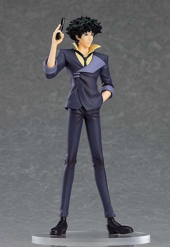 Three-quarter view of the Spike Spiegel 18.5cm collectible figure in a relaxed standing pose with a gun.