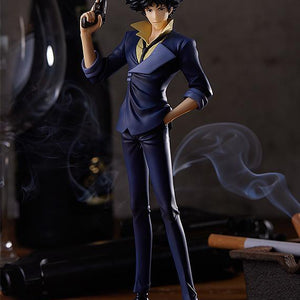 Cinematic shot of the Spike Spiegel figure standing in a moody setting with a bottle and cigarette smoke in the background.