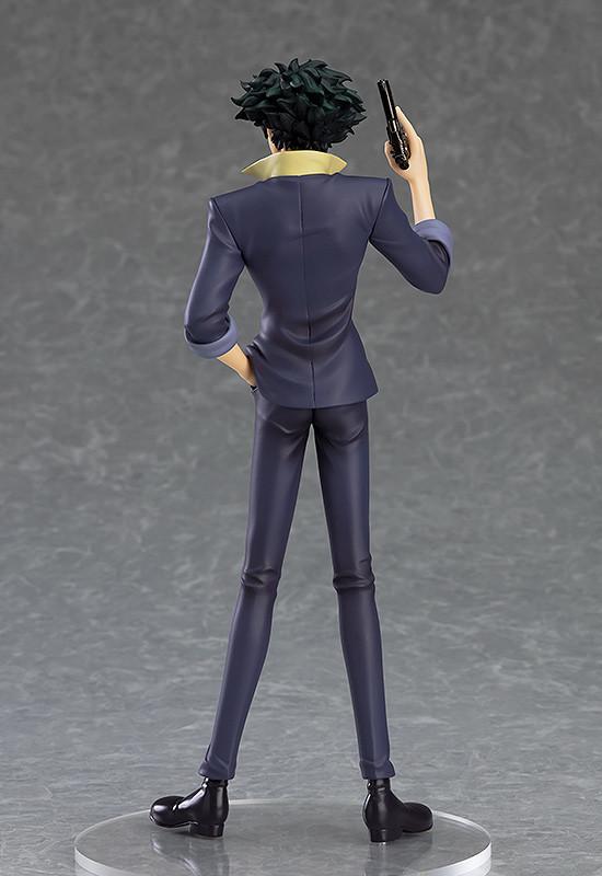 Full back view of the Spike Spiegel POP UP PARADE figure highlighting the slim-fit blue suit design and hair sculpt.