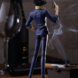 Rear view of the Spike Spiegel anime figure showcasing his suit details and messy hair in a atmospheric smoking setting.