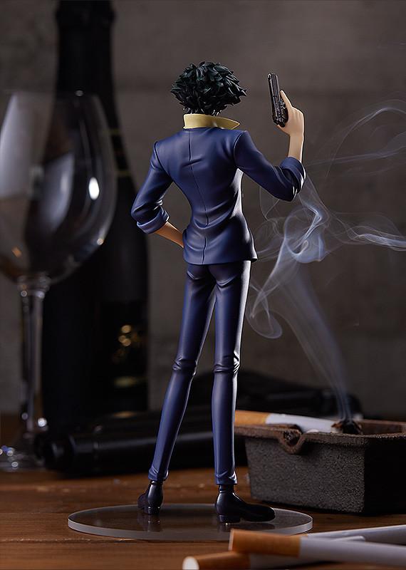 Rear view of the Spike Spiegel anime figure showcasing his suit details and messy hair in a atmospheric smoking setting.