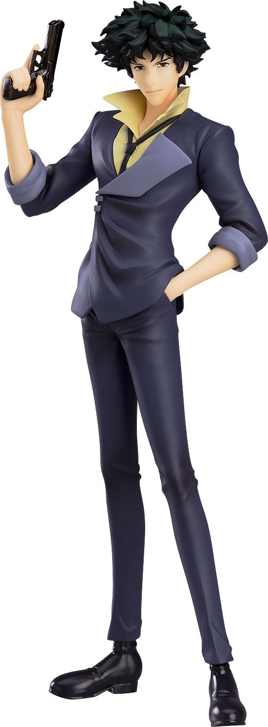 Full-length view of the Spike Spiegel POP UP PARADE figure in his iconic blue suit holding a pistol on a white background.