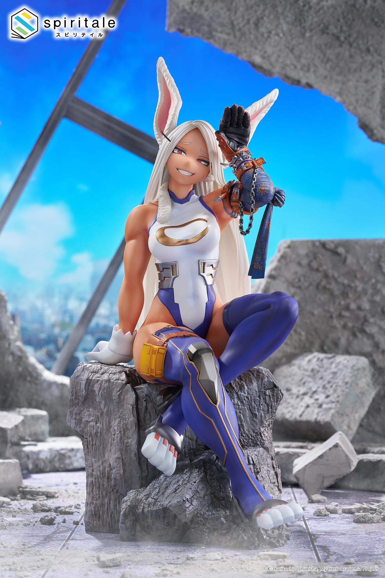 Full-body promotional image of Mirko posed on a rock base in a battle-damaged urban environment.