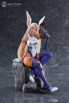 Full front view of the Spiritale My Hero Academia Mirko 1/7 scale figure seated on a rocky base with a confident smile.